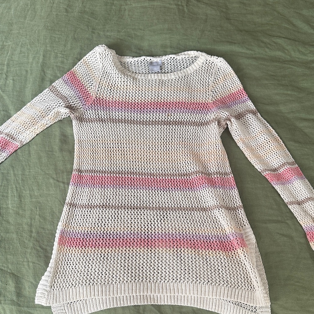 Women's Cream Open-Knit Sweater with Pink Stripe Detail